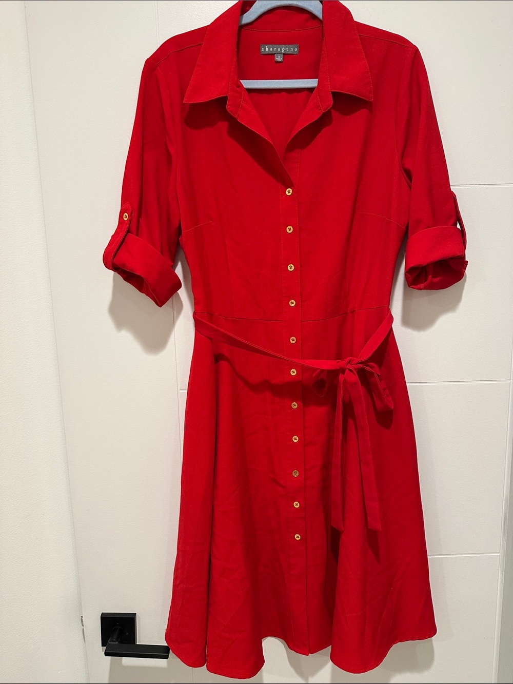 Sharagano Red Button-Front Midi Shirt Dress with Tie Waist